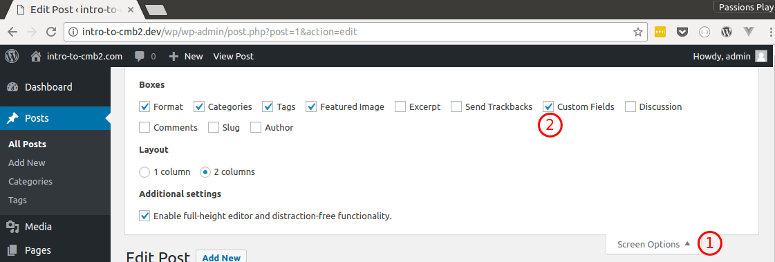 Example of the default custom fields editor in WordPress