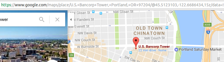 Finding the latitude and longitude for the Us Bancorp Building in PDX.