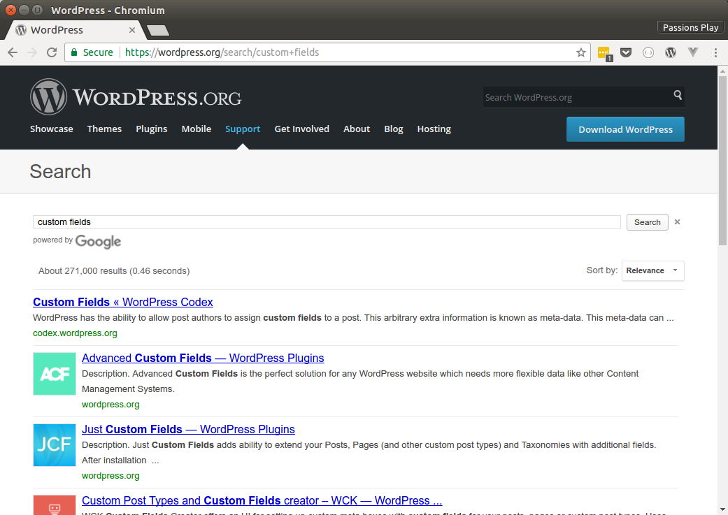 Searching WordPress.org for custom fields plugins